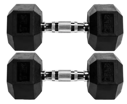 Haltere hexagonal revestido de borracha Premium Fitvids Signature Fitness, par de 25 libras