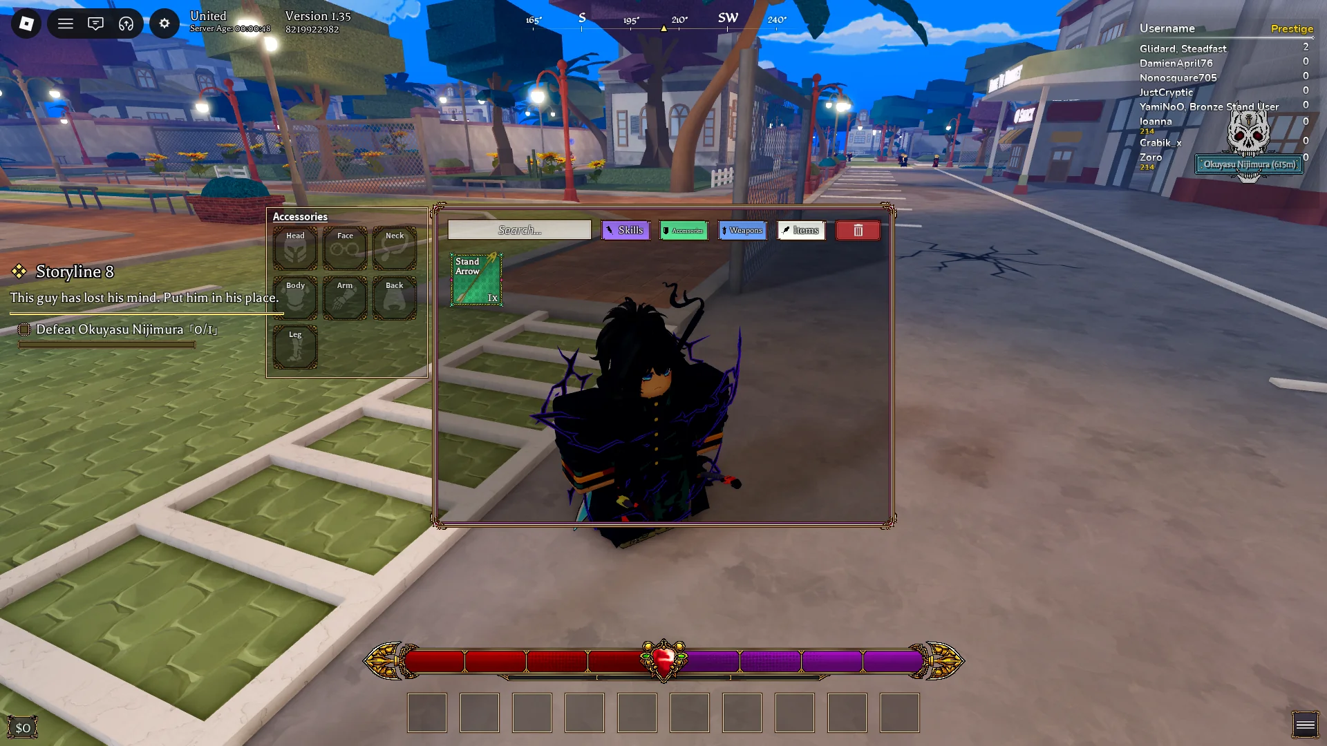 Um jogador mostrando como abrir seu inventário de itens na experiência Bizarre Lineage Roblox.