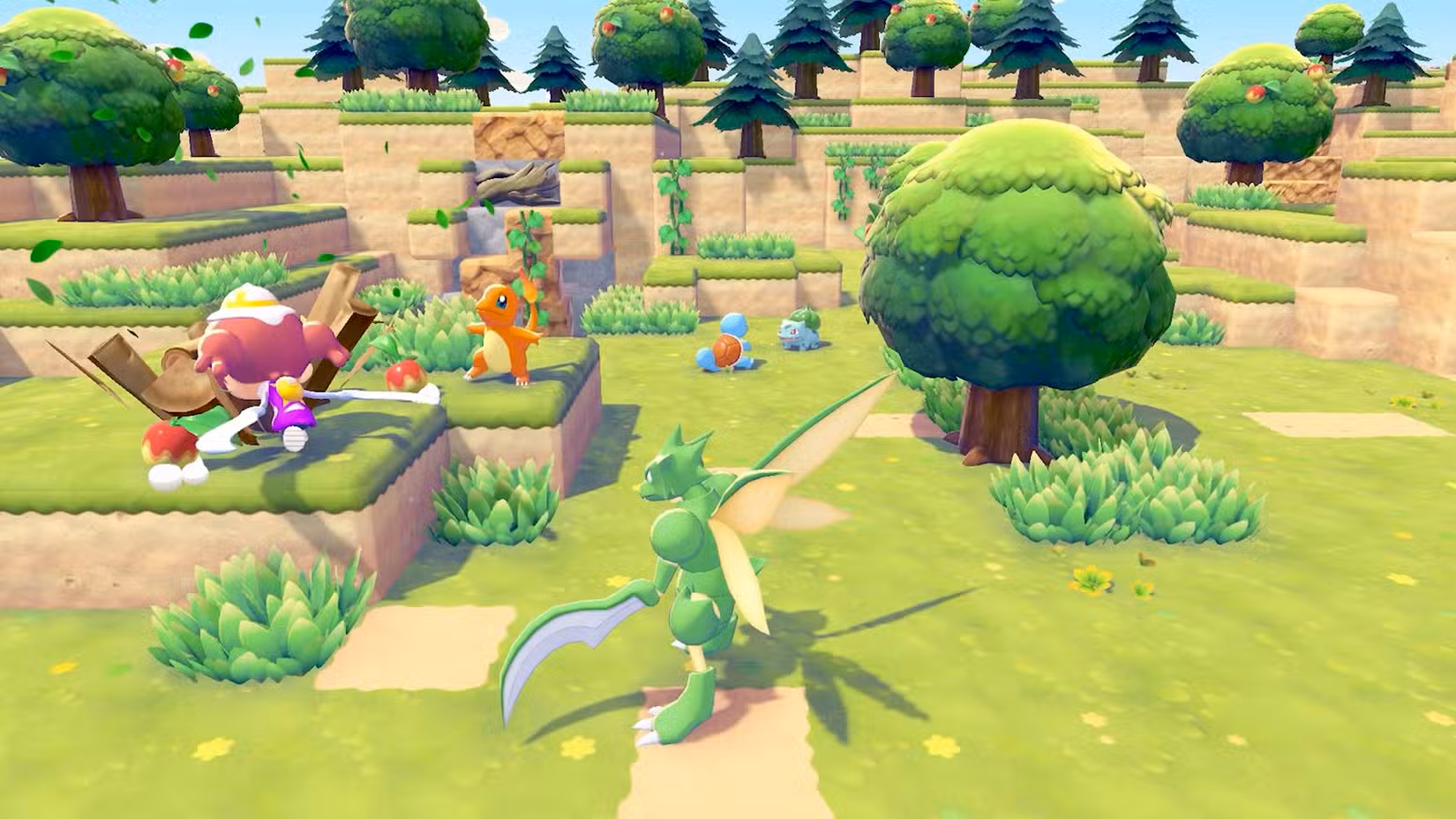 Pokémon ficam em um campo em Pokémon Pokopia.