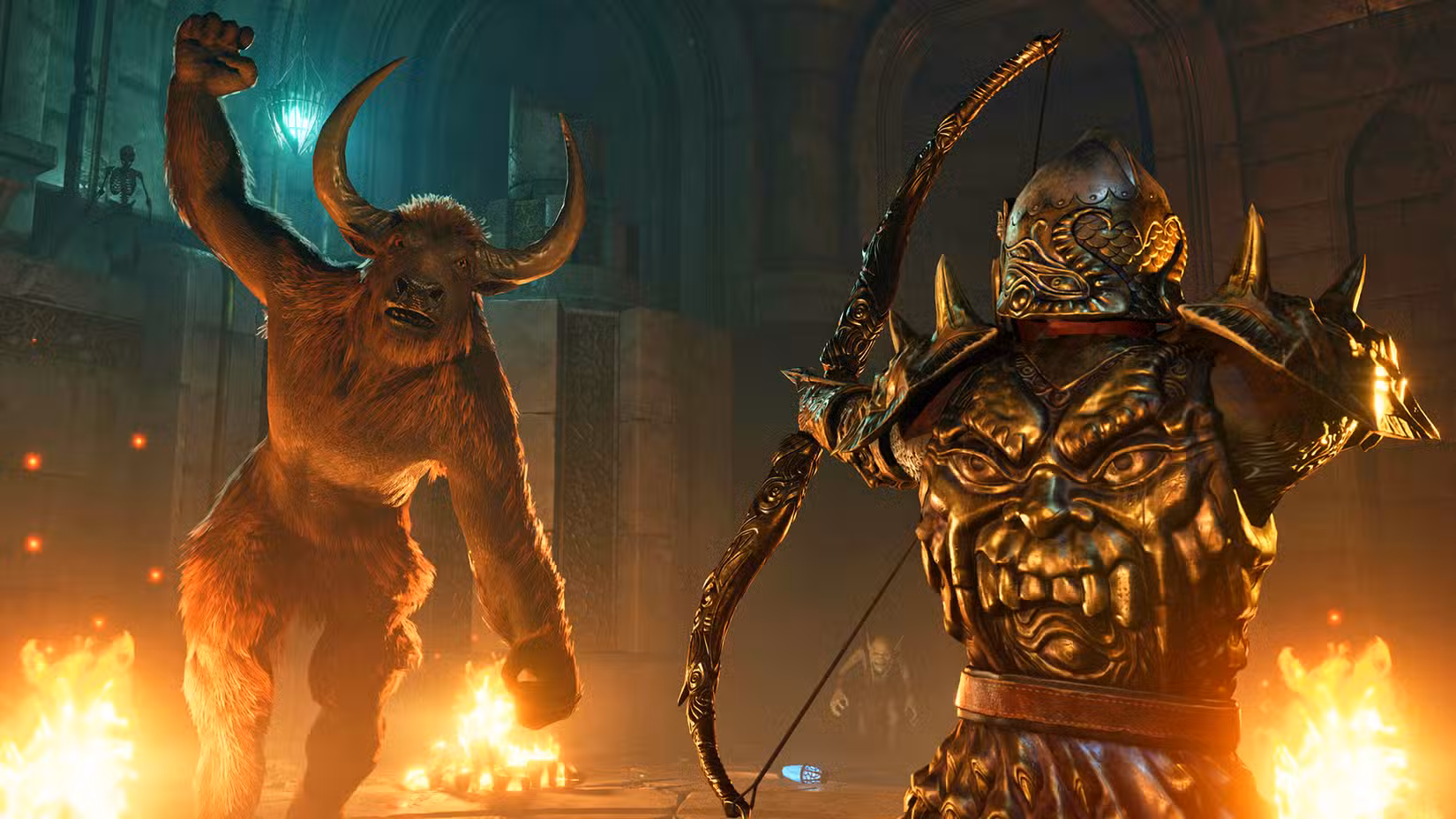 Um personagem do jogador em Oblivion Remastered prepara seu arco e flecha contra um inimigo minotauro em uma masmorra
