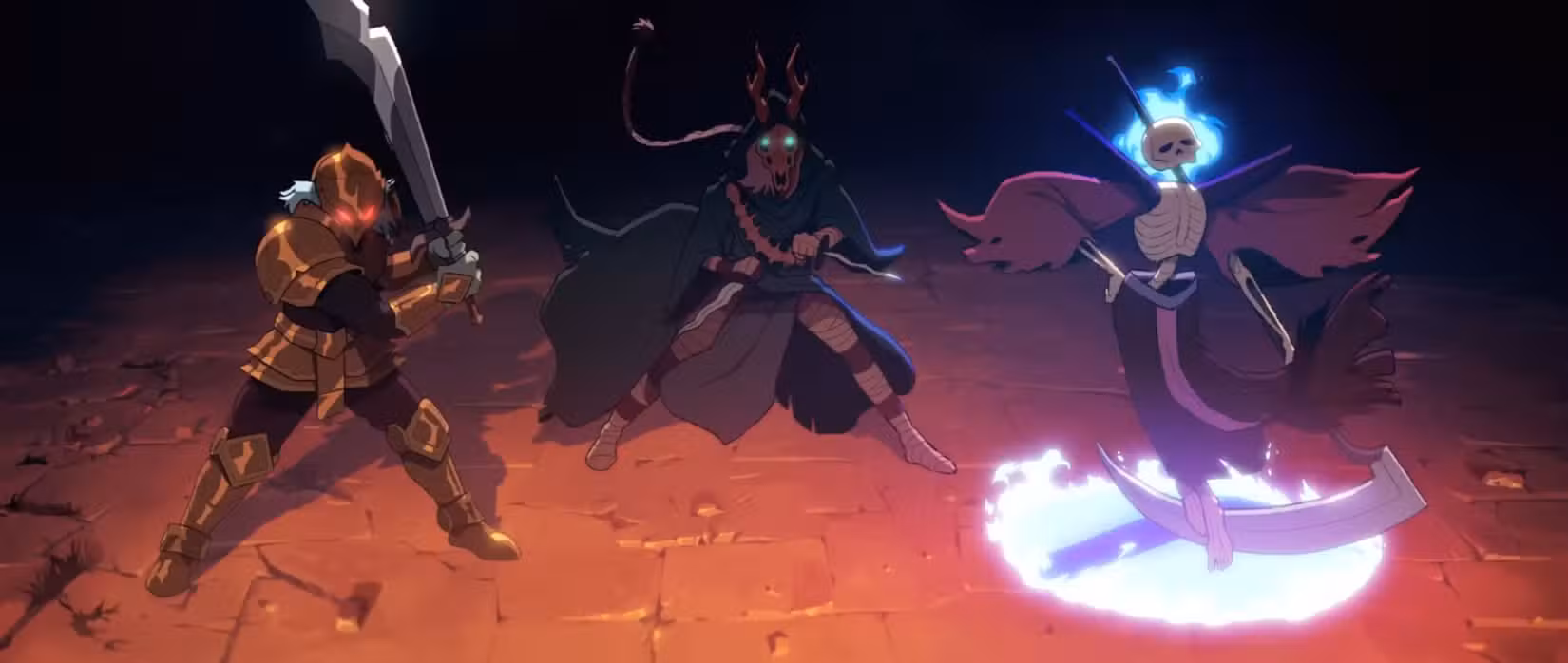 Três personagens de Slay the Spire 2 se preparam para uma ameaça iminente. 