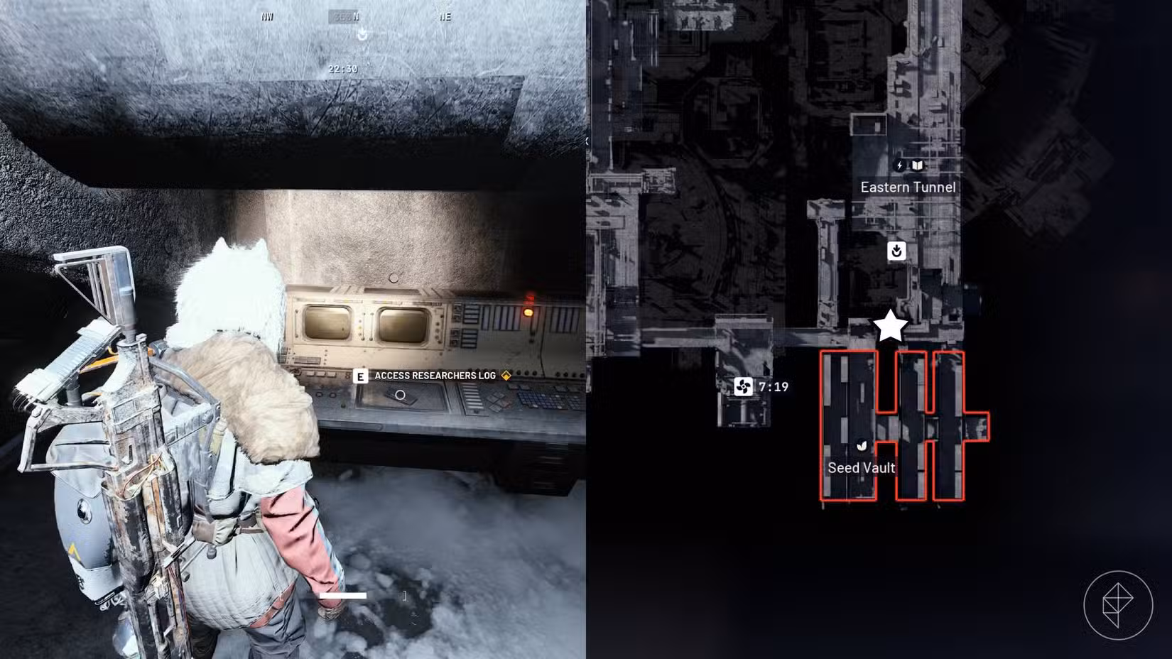 O lado esquerdo da imagem mostra o jogador em Arc Raiders parado na frente do objetivo, enquanto o lado direito da imagem mostra o local marcado com uma estrela no mapa do jogo.