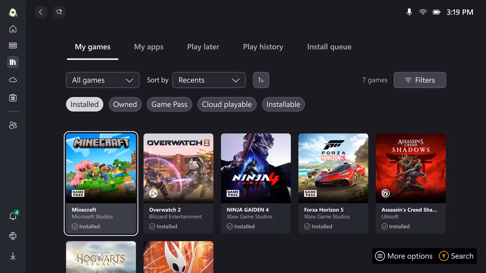A UI da biblioteca de jogos para a experiência de tela cheia do Xbox no ROG Xbox Ally