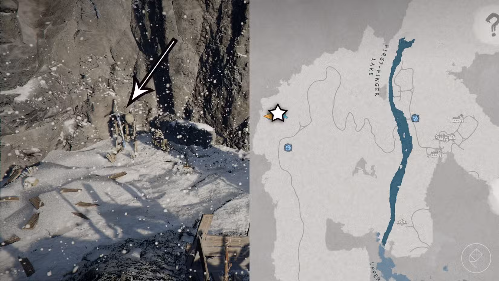 Uma montagem usando duas imagens do Crimson Desert mostrando o mapa do jogo com a localização da Chillfallen Sword