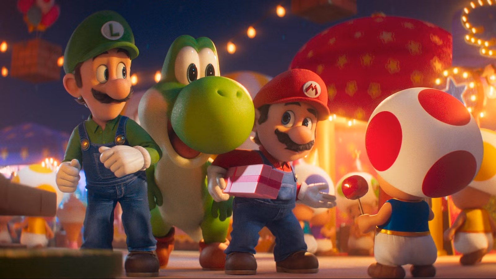 Mario e Luigi apresentam Yoshi, um pequeno dinossauro verde, a Toad, um cara baixo com chapéu de cogumelo, no filme Super Mario Galaxy