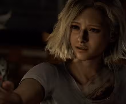 Grace Ashcroft ferida aponta uma pistola para algo fora da tela, parecendo preocupada.