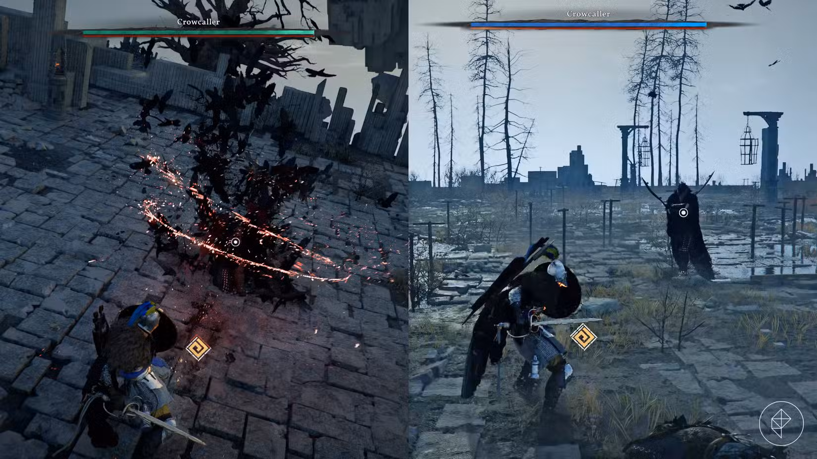 O chefe Crowcaller demonstra seu ataque normal à esquerda e sua bomba de mergulho à direita no Deserto Carmesim.