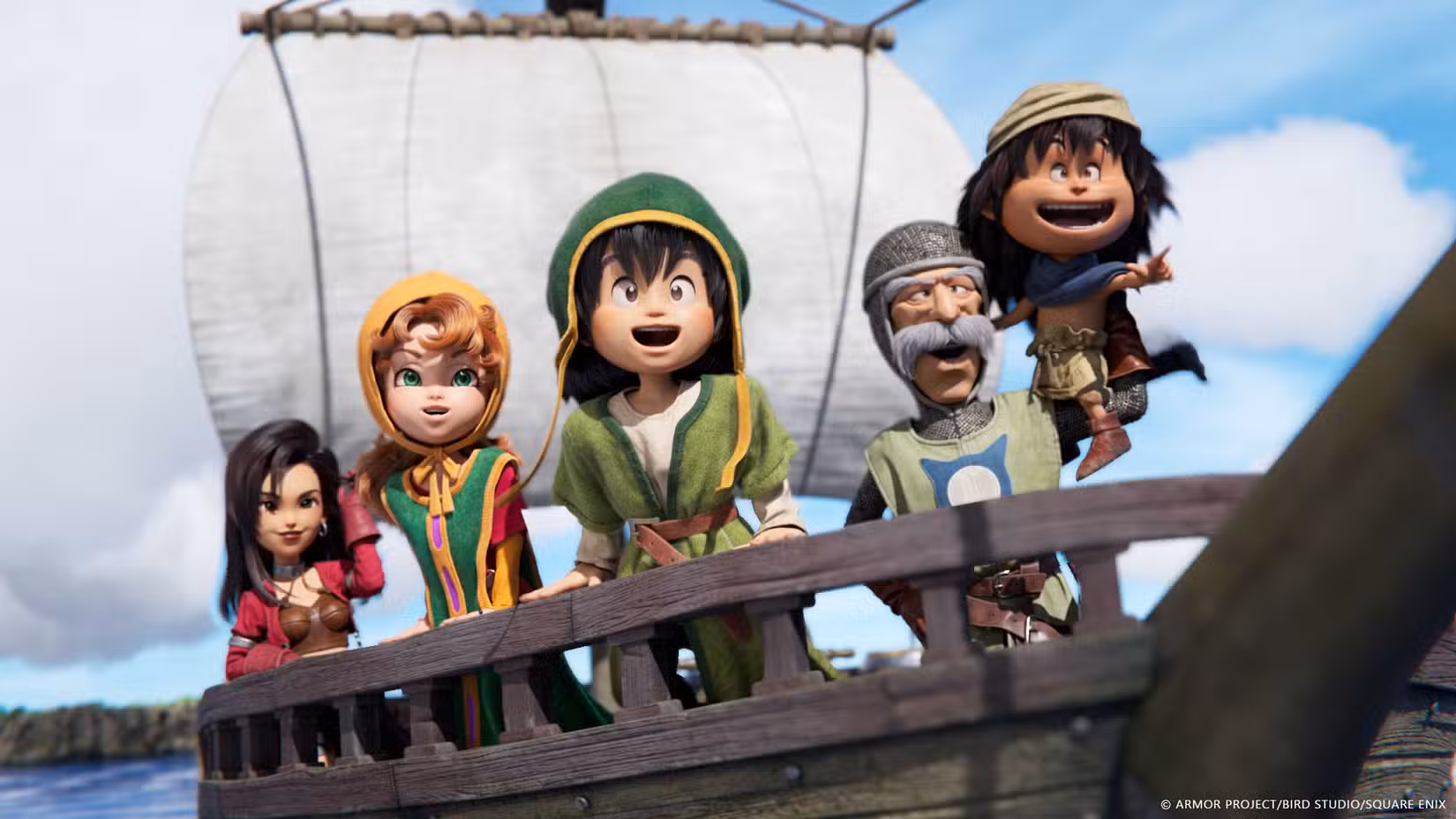 Os personagens de Dragon Quest 7 sorriem entusiasmados em seu barco