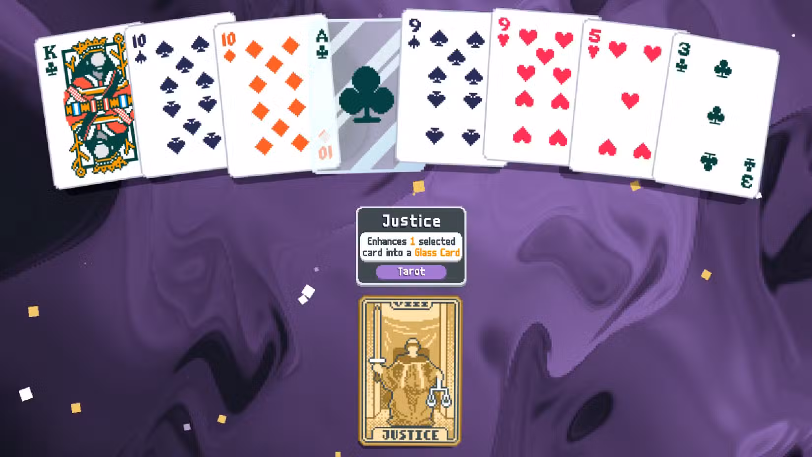 Uma série de cartas de baralho exibidas acima de uma carta de tarô da Justiça