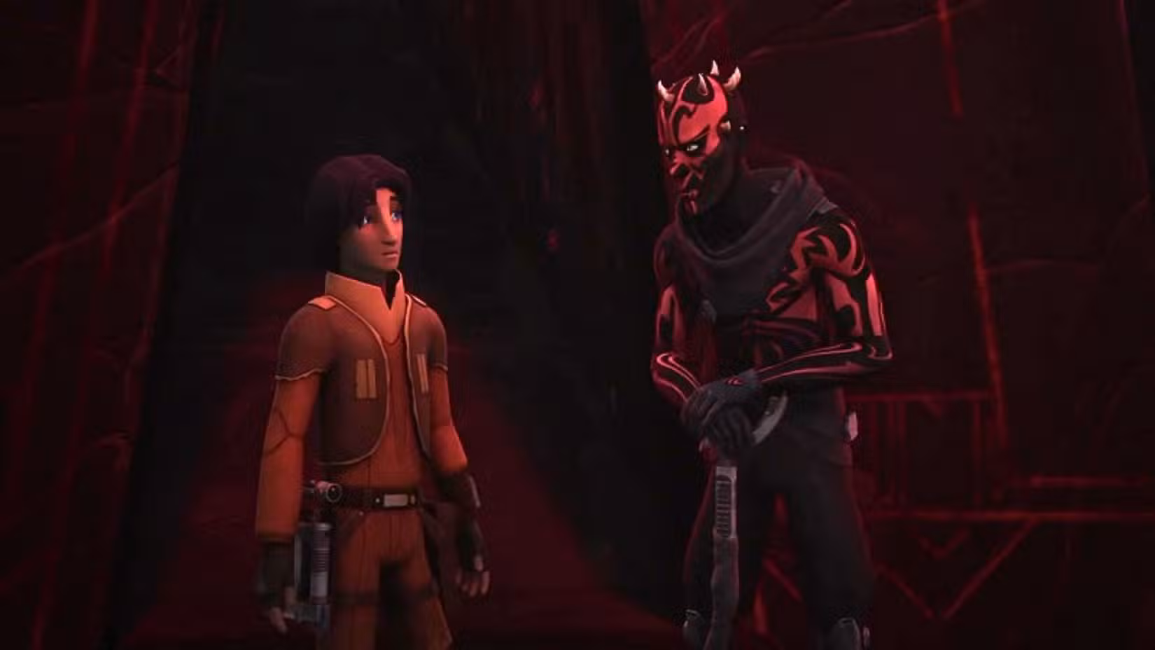 Uma imagem de Ezra e Maul em Crepúsculo do Aprendiz, de Star Wars: Rebels.