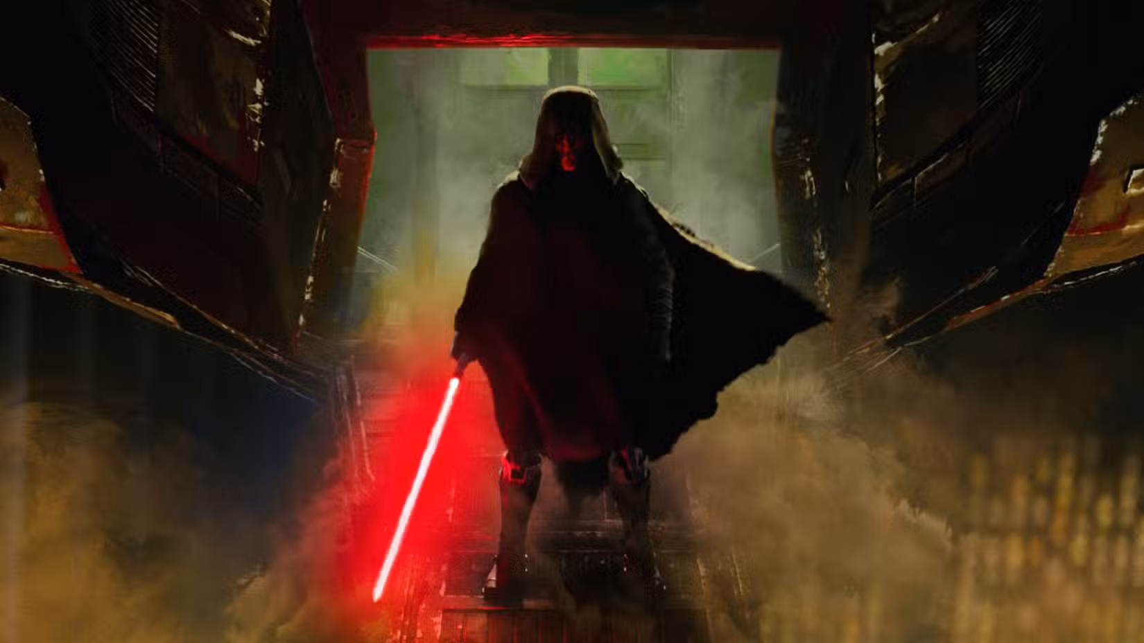 Uma imagem de Darth Maul de Shadow Lord. Ele mostra uma figura encapuzada (Maul) em pé na plataforma de desembarque de um navio.