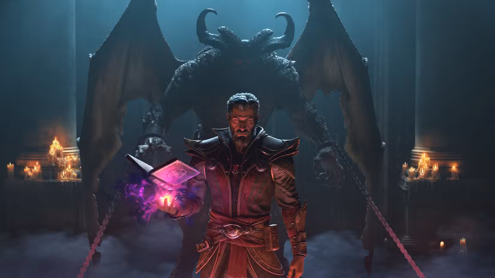Warlock de Diablo 2 levita um livro em uma mão com um demônio amarrado atrás dele