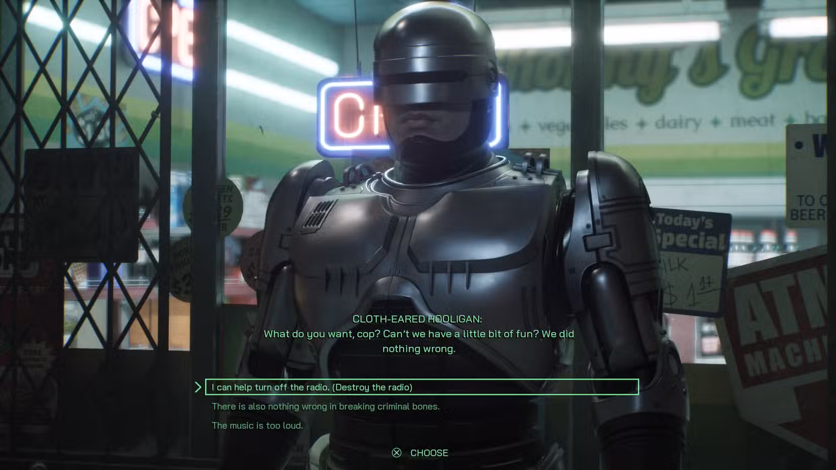 RoboCop fala com dois hooligans do lado de fora de uma loja de conveniência em RoboCop: Rogue City