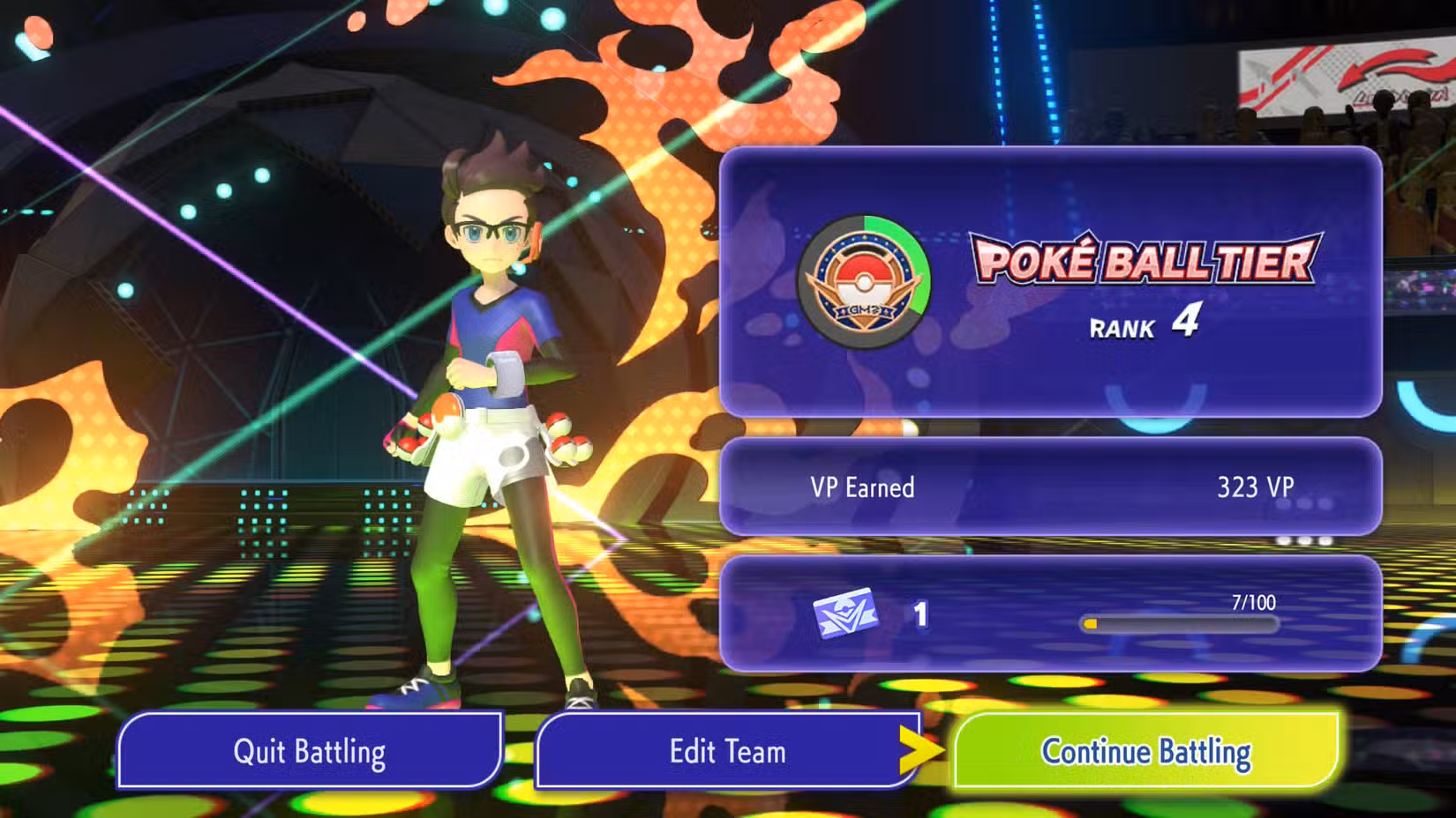 A tela de resultados da batalha em Pokémon Champions