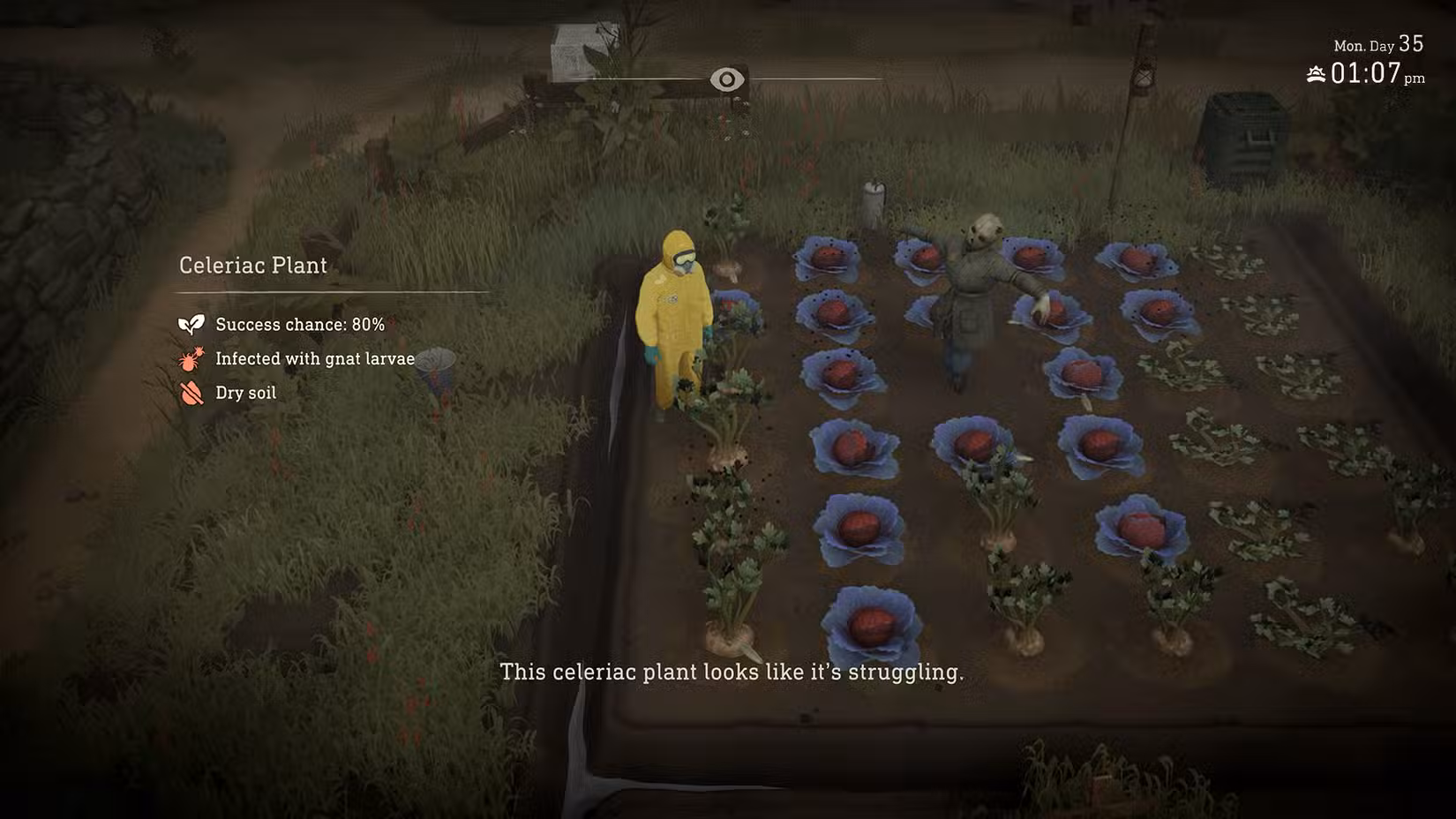 O protagonista do simulador agrícola Crop, parado no meio de uma horta. Ele está vestindo um traje de proteção amarelo. 