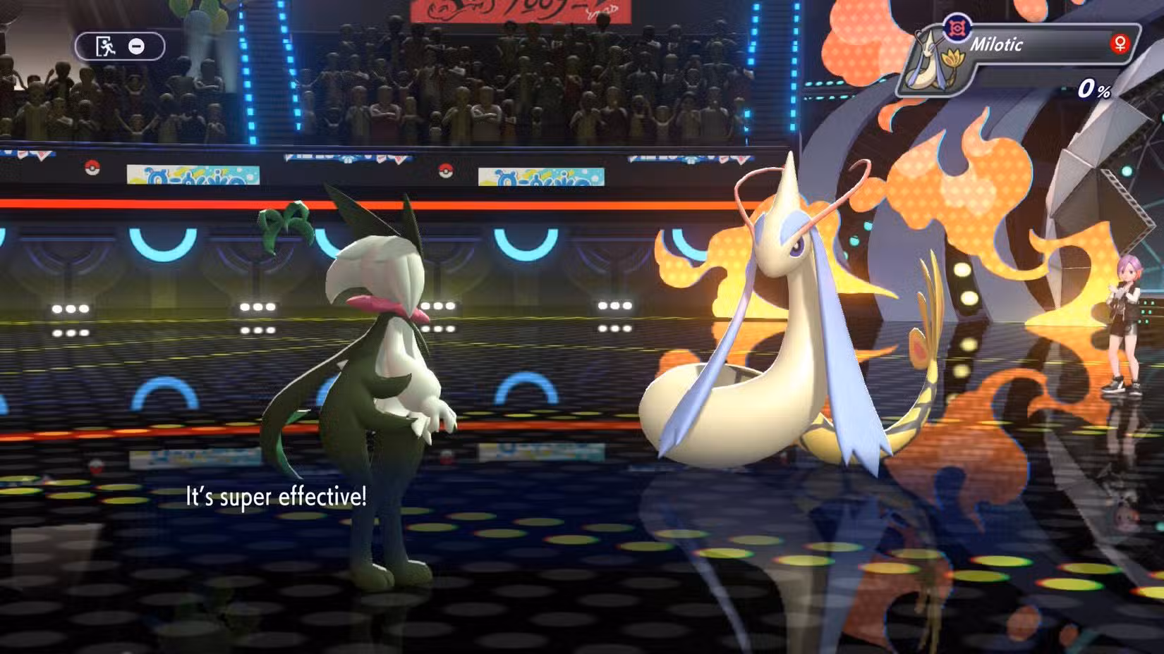 Um Milotic brilhante lutando contra Meowscarada em Pokémon Champions.
