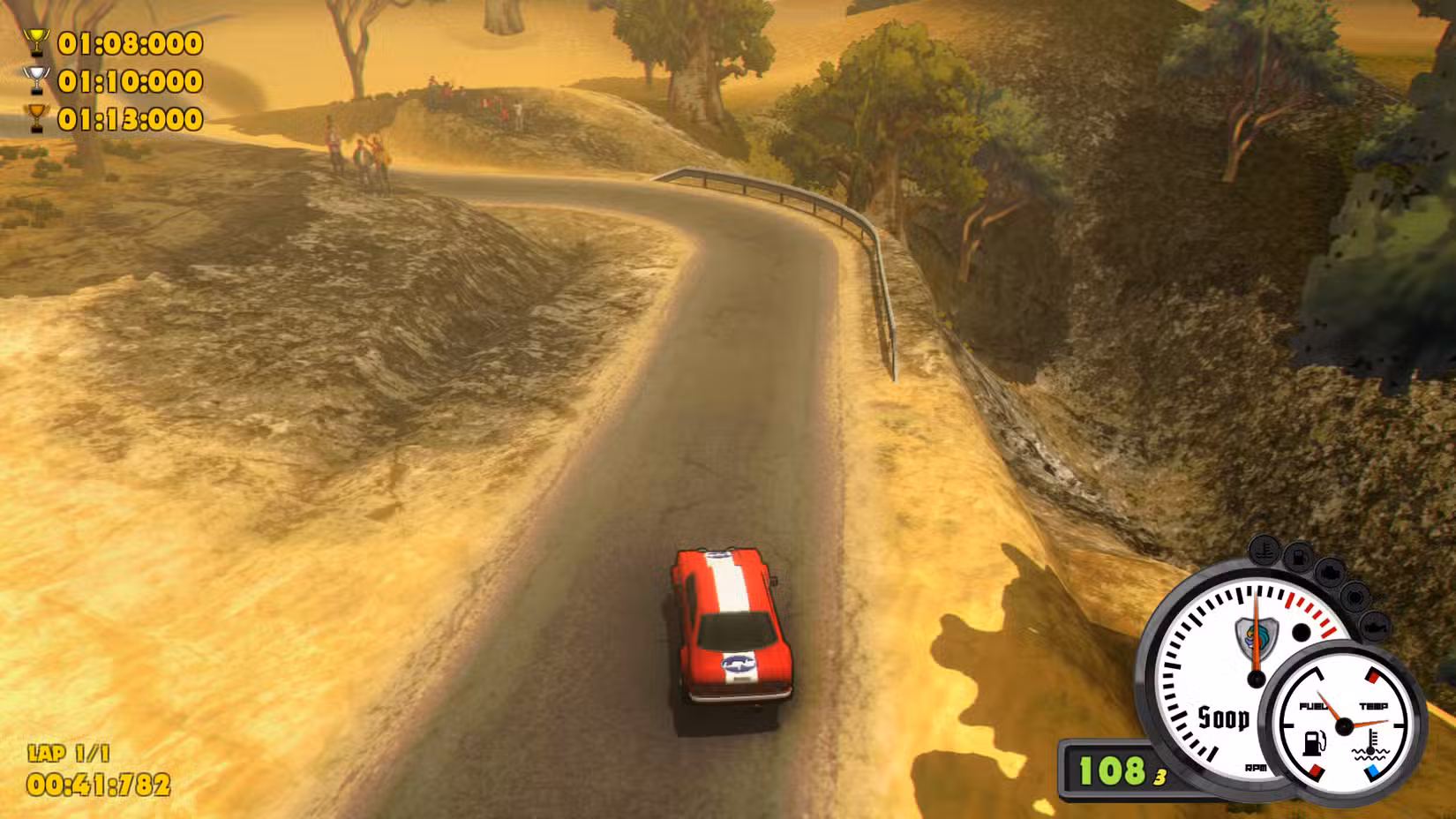 Um carro de rally retrô se aproxima de uma curva vista de cima em um palco empoeirado em Super Woden: Rally Edge