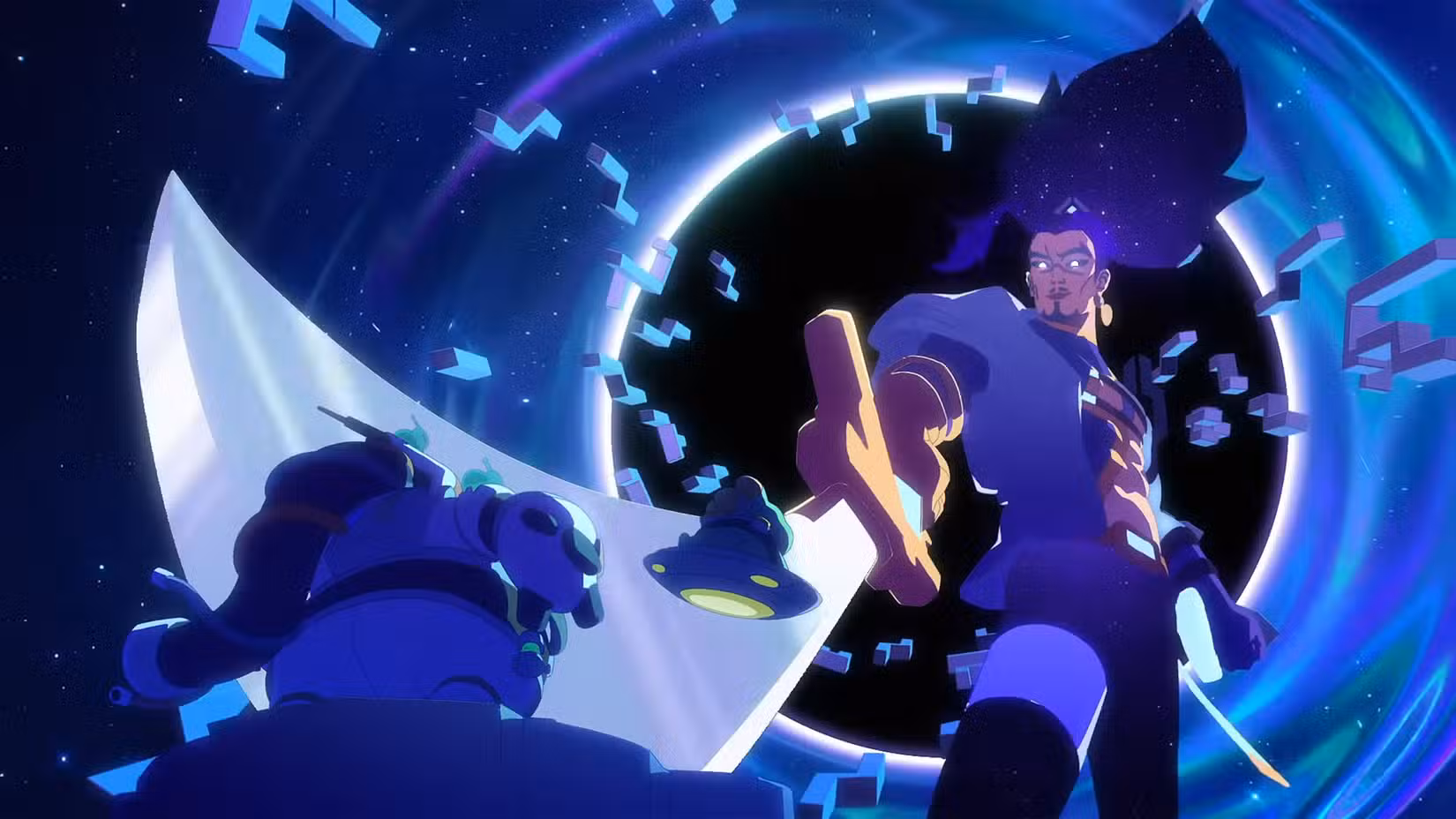 Um astronauta e um alienígena diante de um grande deus masculino com uma espada na frente de um buraco negro ao longe.