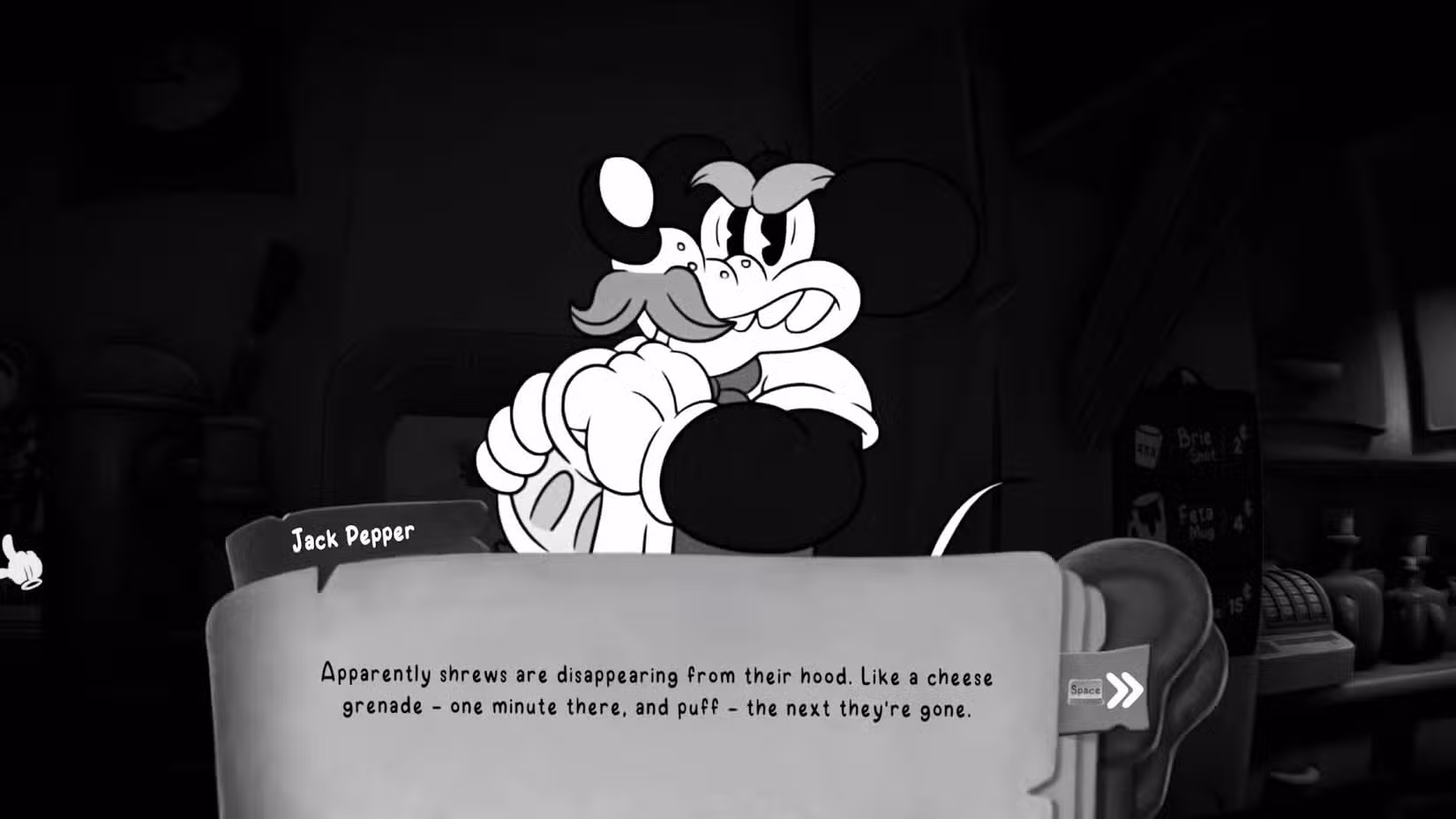 Jack Pepper conversando com John Brown em Mouse: PI For Hire.