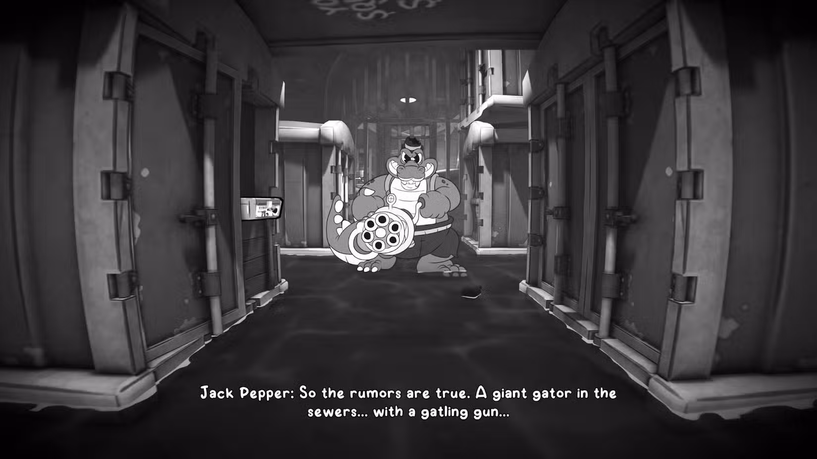 Um jacaré com uma minigun caminhando em direção ao jogador em Mouse: PI For Hire.