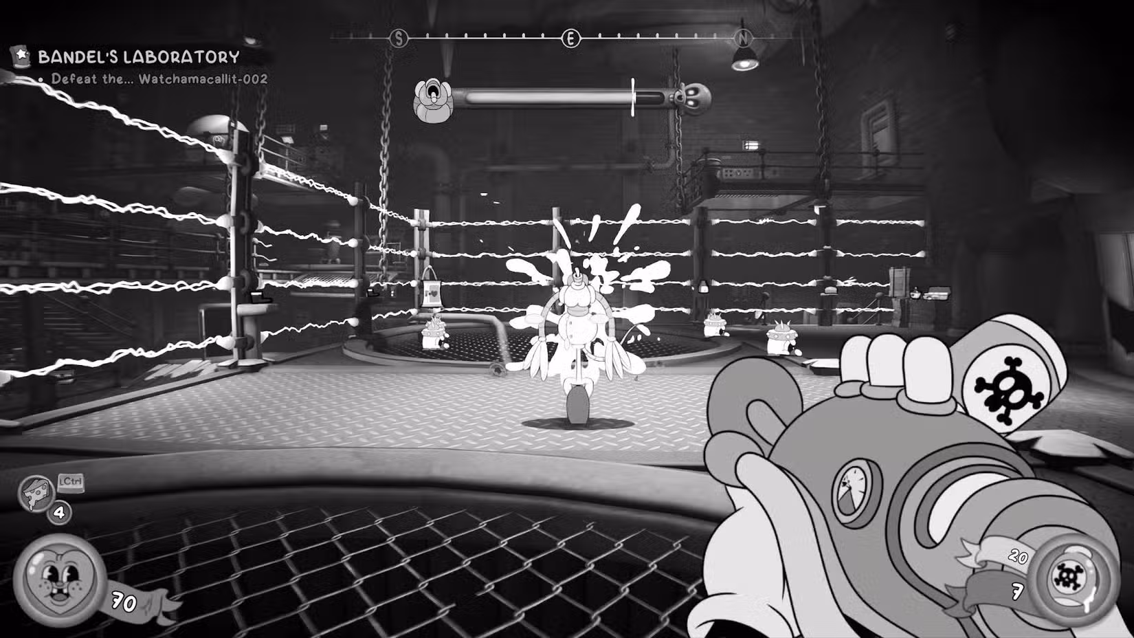 O jogador lutando contra um chefe no Laboratório de Bandel em Mouse: PI For Hire.