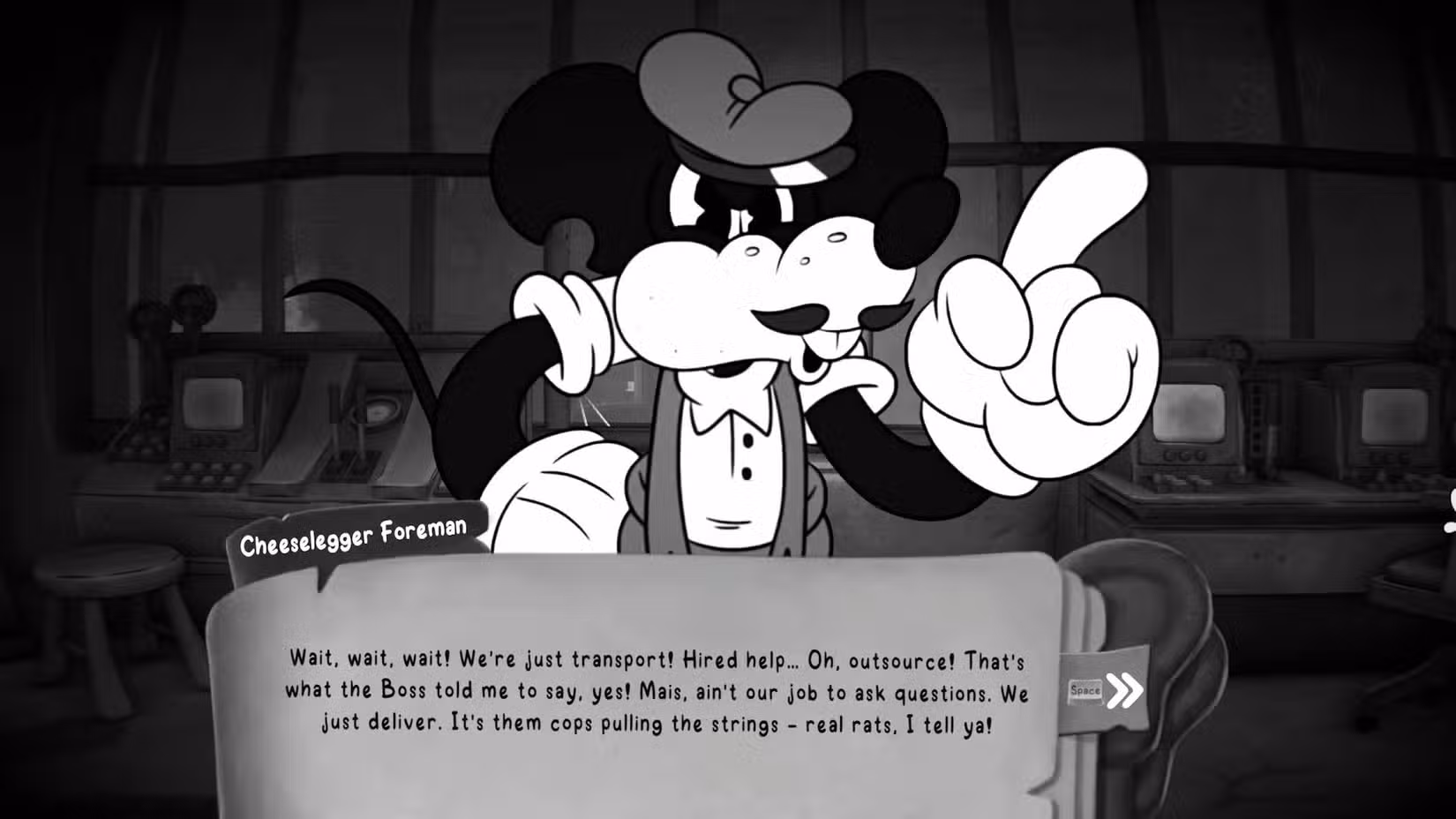 O jogador conversando com o Cheeselegger Foreman em Mouse: PI For Hire.