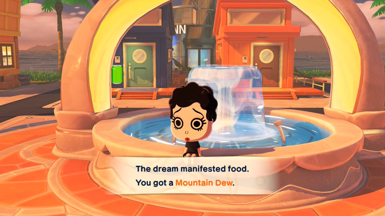 Betty Boop está sentada em uma fonte em Tomodachi Life: Living the Dream.