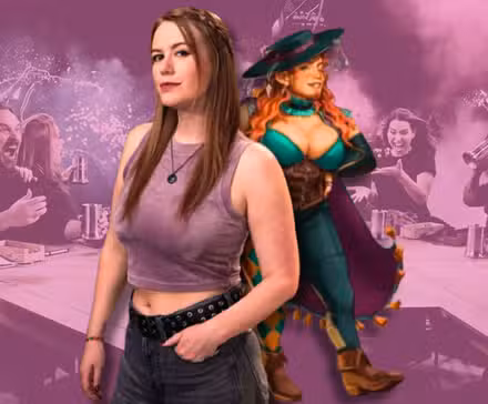 Uma imagem de Marisha Ray de costas com Murray, seu personagem anão de Critical Role.