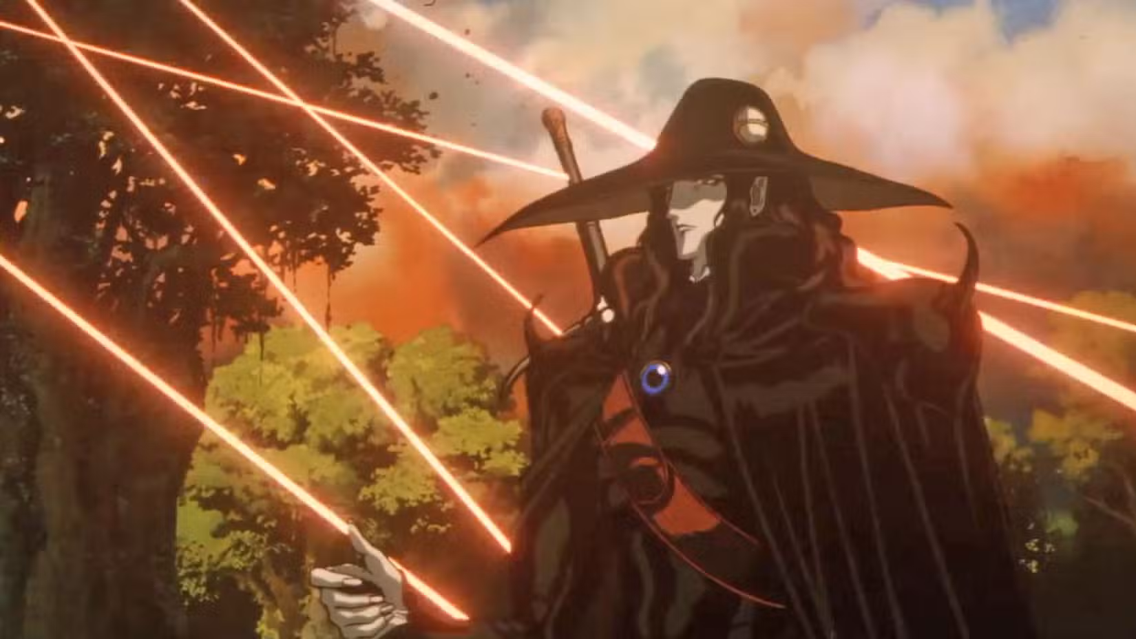Cena de Vampire Hunter D apresentando D enquanto lasers o atingem fora da tela. 