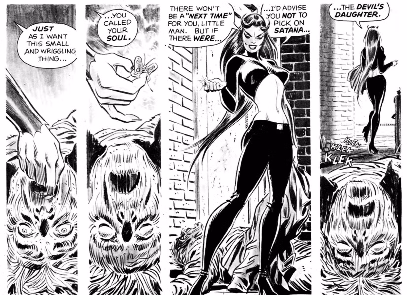 Um clipe de quatro painéis de Marvel's Vampire Tales #2, a primeira aparição de Satana, a súcubo, enquanto ela se alimenta de um homem e deixa uma casca sem vida para trás, referindo-se a si mesma como a Filha do Diabo