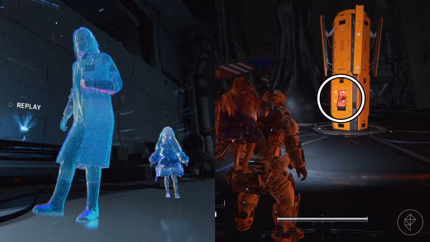 Um homem holográfico e uma menina junto com uma pessoa em um traje espacial olhando para um pilar laranja em Pragmata.