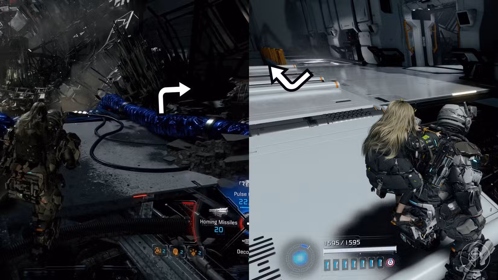 Uma montagem usando duas imagens do Pragmata mostrando a localização de um componente de atualização no setor do Porto Central