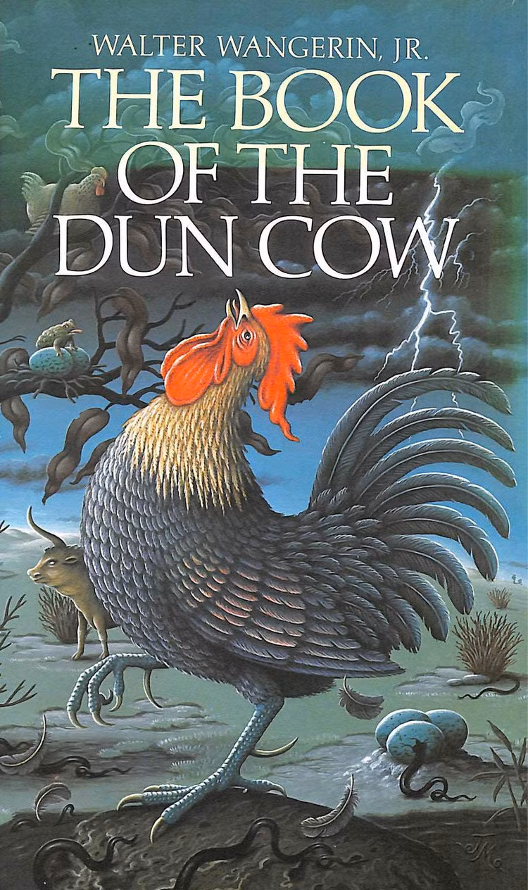 A capa do livro de fantasia de Walter Wangerin, O Livro da Vaca Parda, apresentando um galo lendo contra um céu tempestuoso e repleto de raios