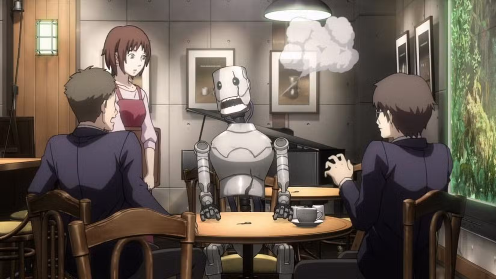 Still do anime Time of Eve apresentando elenco principal de personagens no café Time of Eve. 