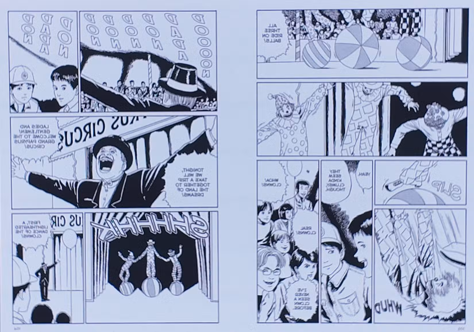 Painel do Circo de Junji Ito apresentando uma performance um pouco extrema. 
