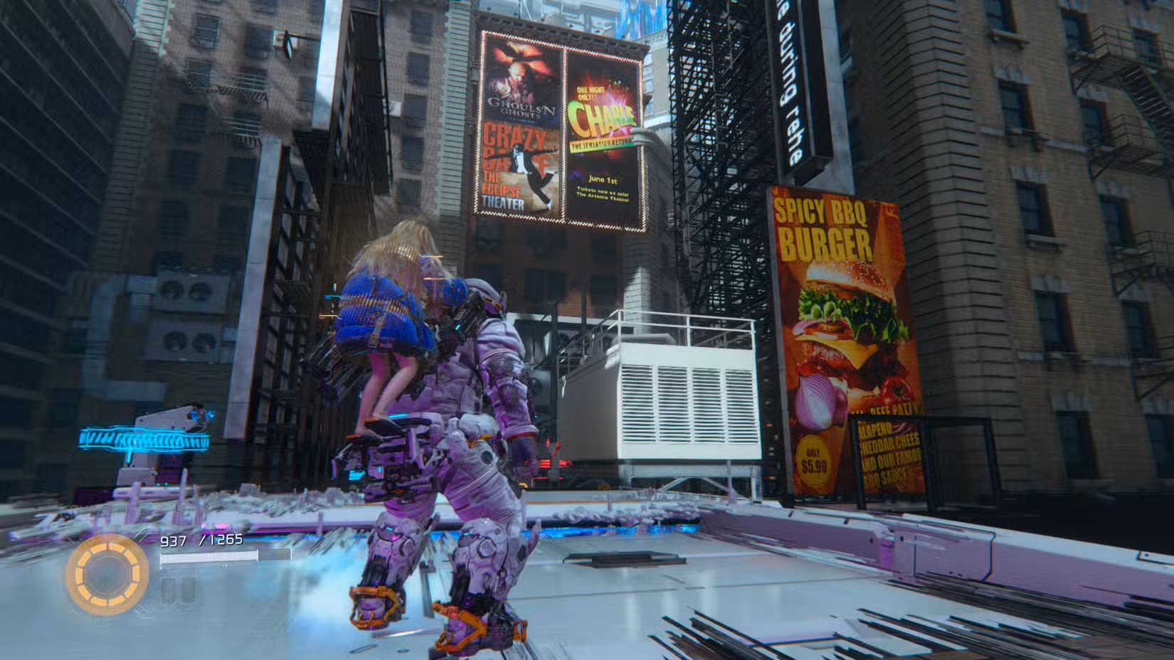 O astronauta Hugh e a andróide Diana admirando outdoors na Times Square na lua em uma captura de tela de Pragmata