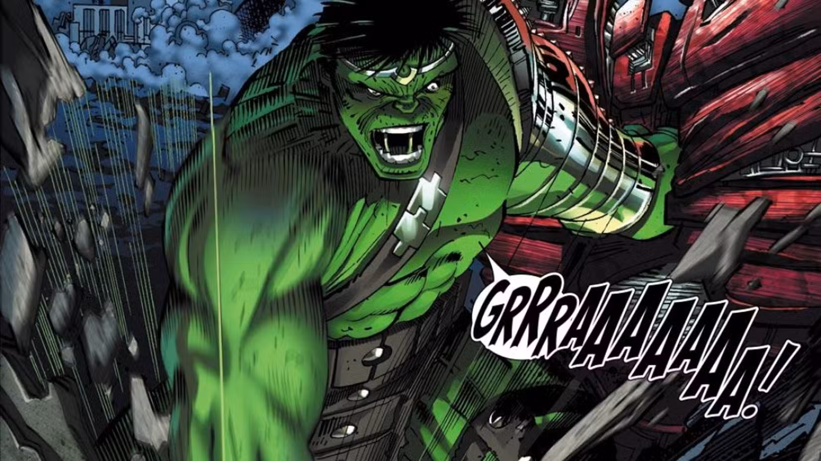 Hulk da Guerra Mundial nº 2, apresentando um Hulk vestido de armadura gritando de raiva enquanto destrói coisas
