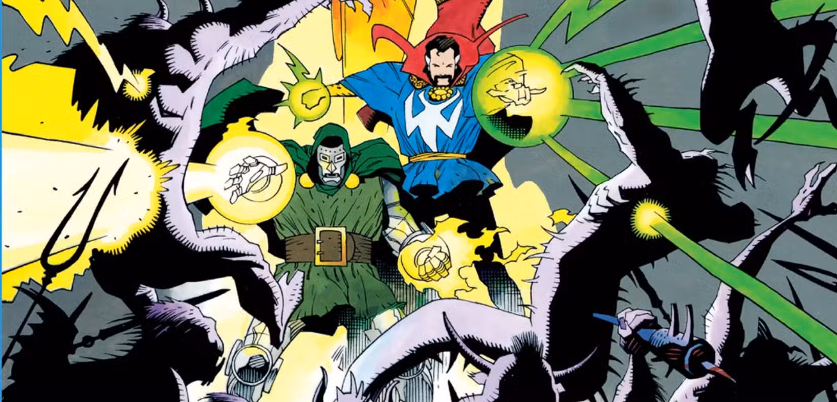 A capa da história em quadrinhos Doctor Strange & Doctor Doom: Triumph & Torment, Strange e Doom lutam contra demônios no Inferno