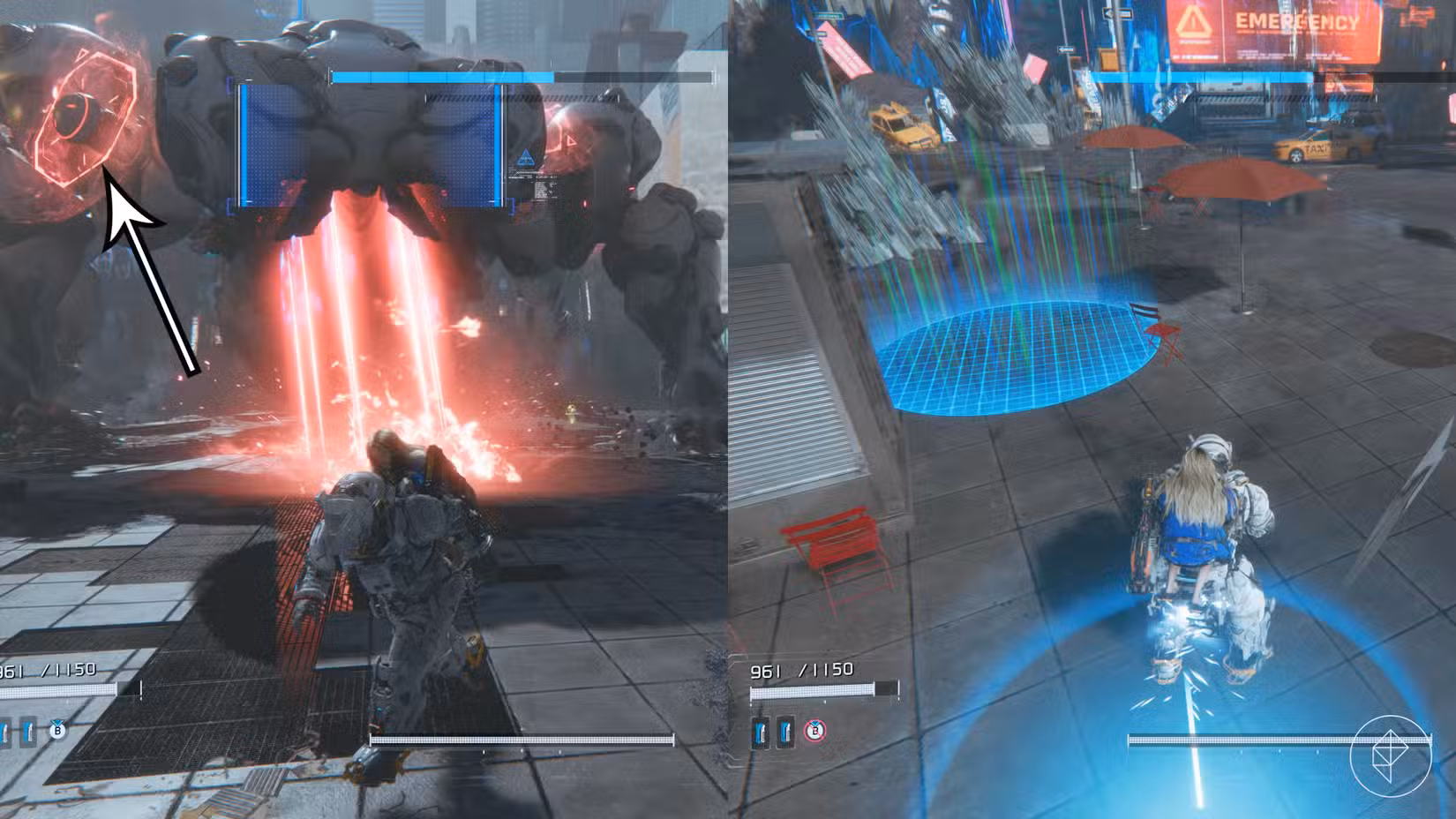 O chefe do Gigantic Bot usa um ataque de laser vermelho e um ataque de campo de dano azul em Pragmata.