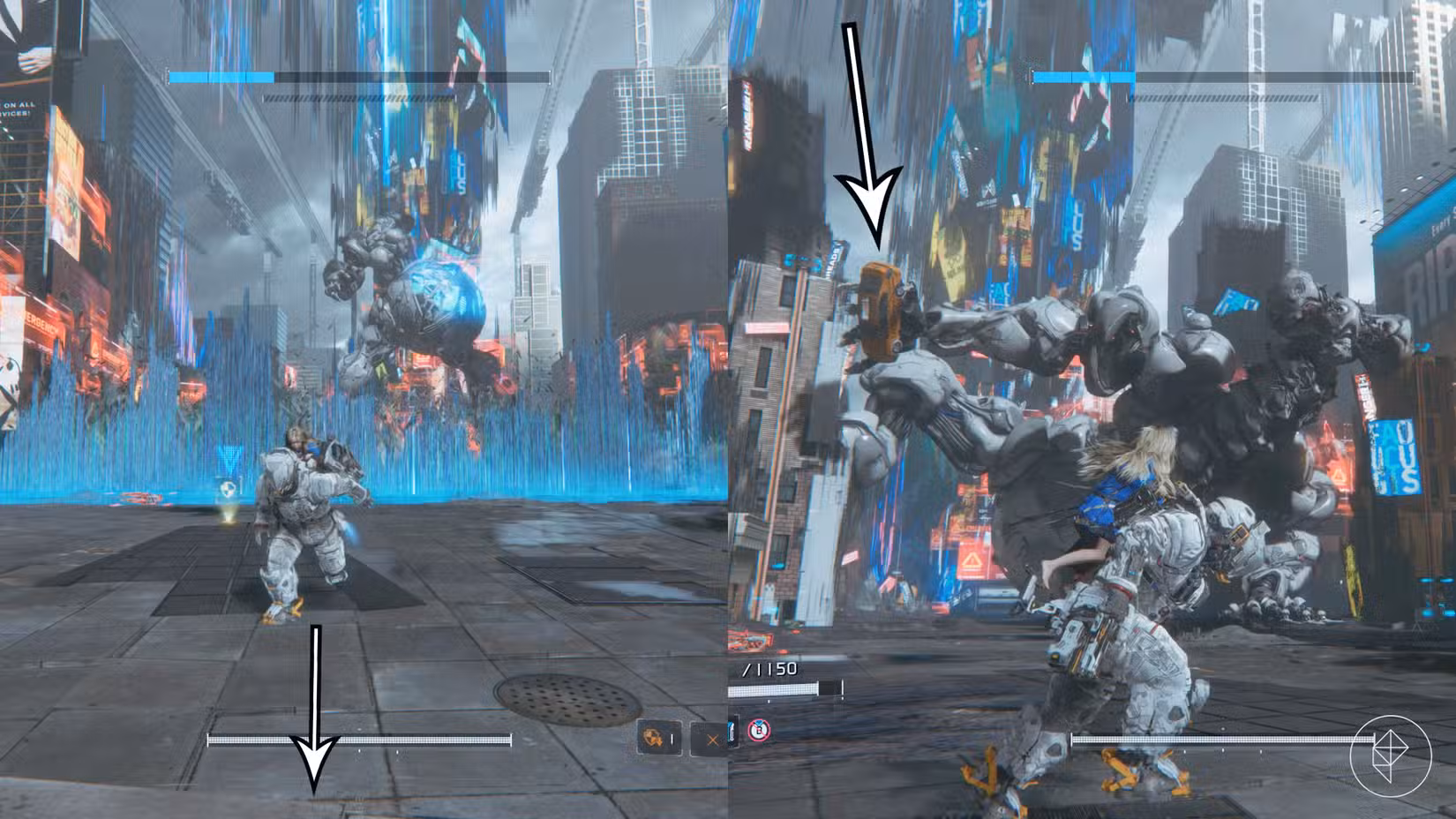 O Gigantic Bot usa uma área de ataque de efeito azul e joga um carro em Pragmata.