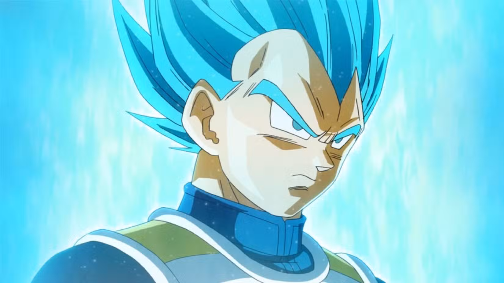Cena de Dragon Ball Z: Resurrection 'F' apresentando Vegeta na forma azul super saiyan. 