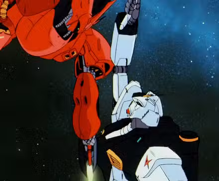 Char e Amuro lutam entre si dentro de seus gundams gigantes em Char's Counterattack