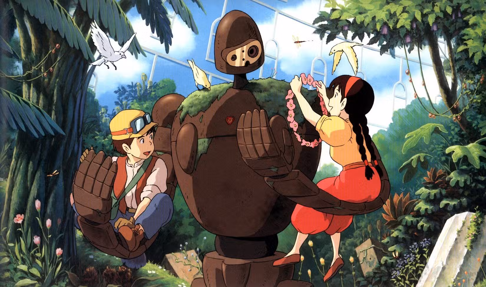(LR) Pazu (Mayumi Tanaka) e Sheeta (Keiko Yokozawa) sentados nos braços de um robô Laputan cercado por árvores exóticas, pássaros e flores em Laputa: Castle in the Sky.