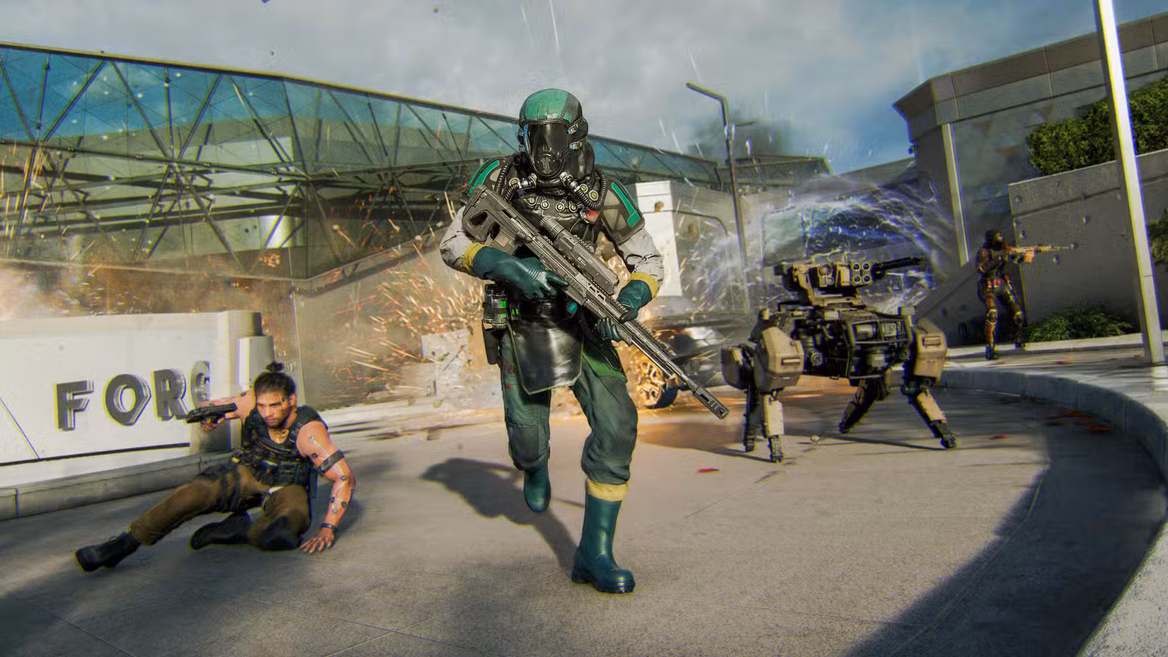 Um soldado com um traje de batalha verde futurista atravessa uma zona de guerra