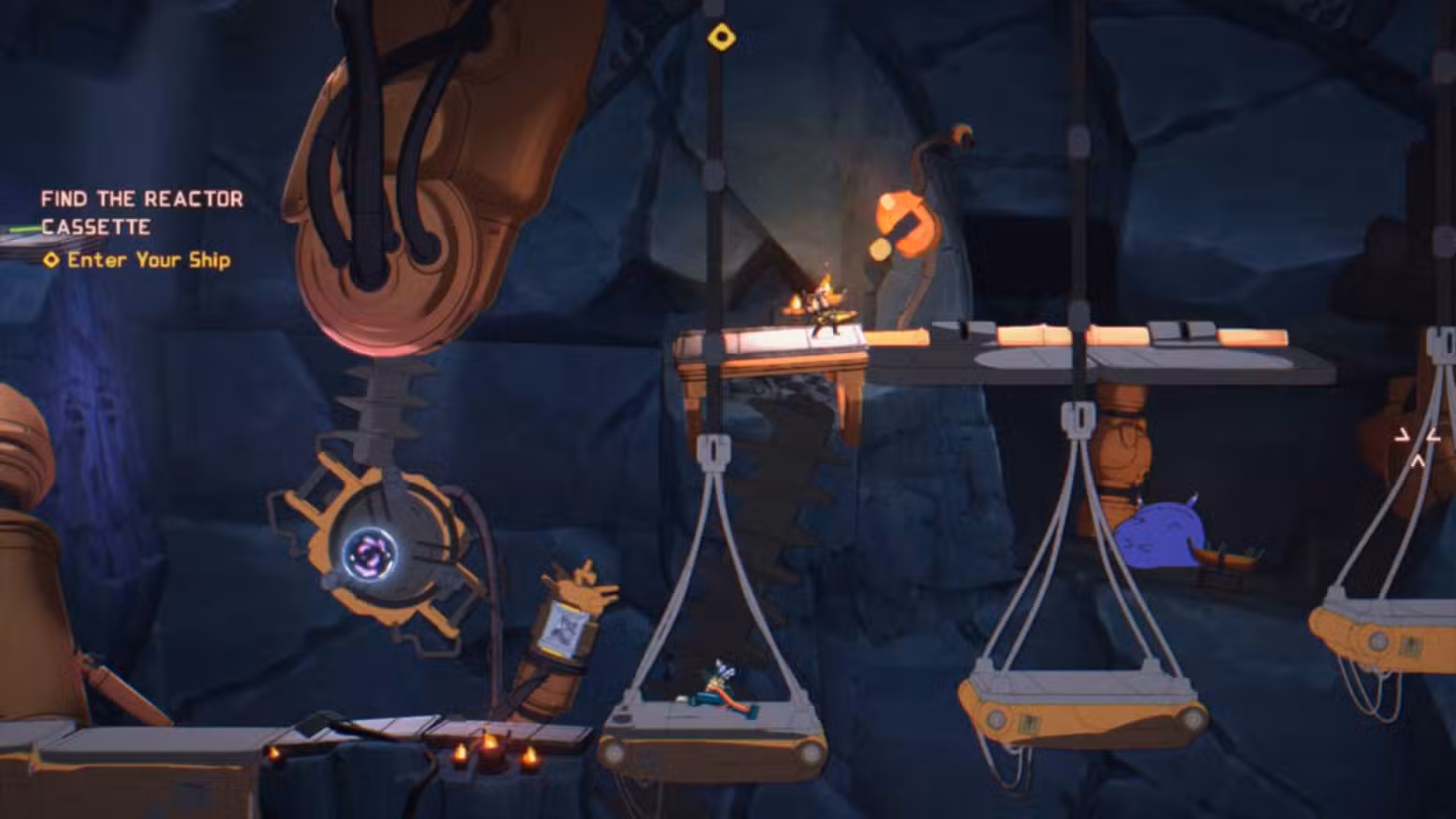 Uma visão 2D dos Orbitais onde um jogador corre em segundo plano e o outro em primeiro plano para navegar pelos obstáculos.