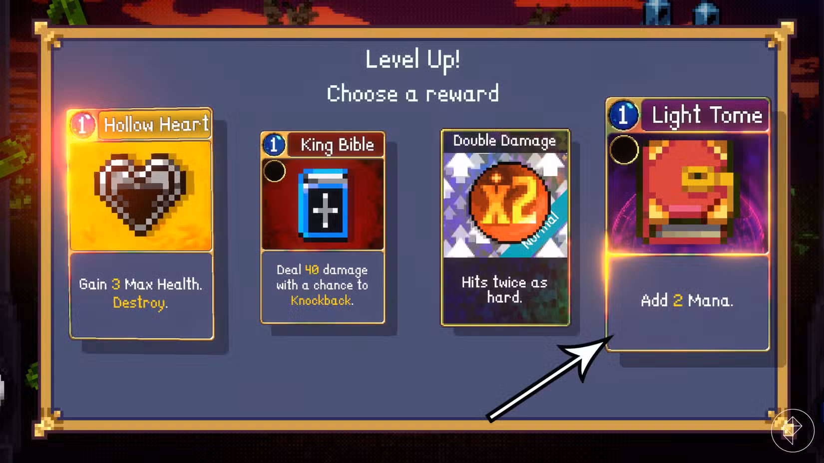 Uma seta aponta para uma carta de mana, chamada Tome, em Vampire Crawlers.