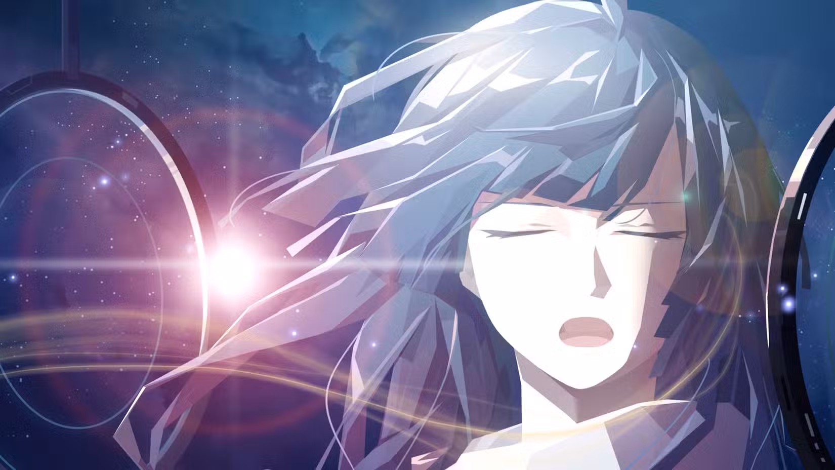 A arte principal de Echo of Starsong, mostrando uma mulher estilo anime cantando com os olhos fechados