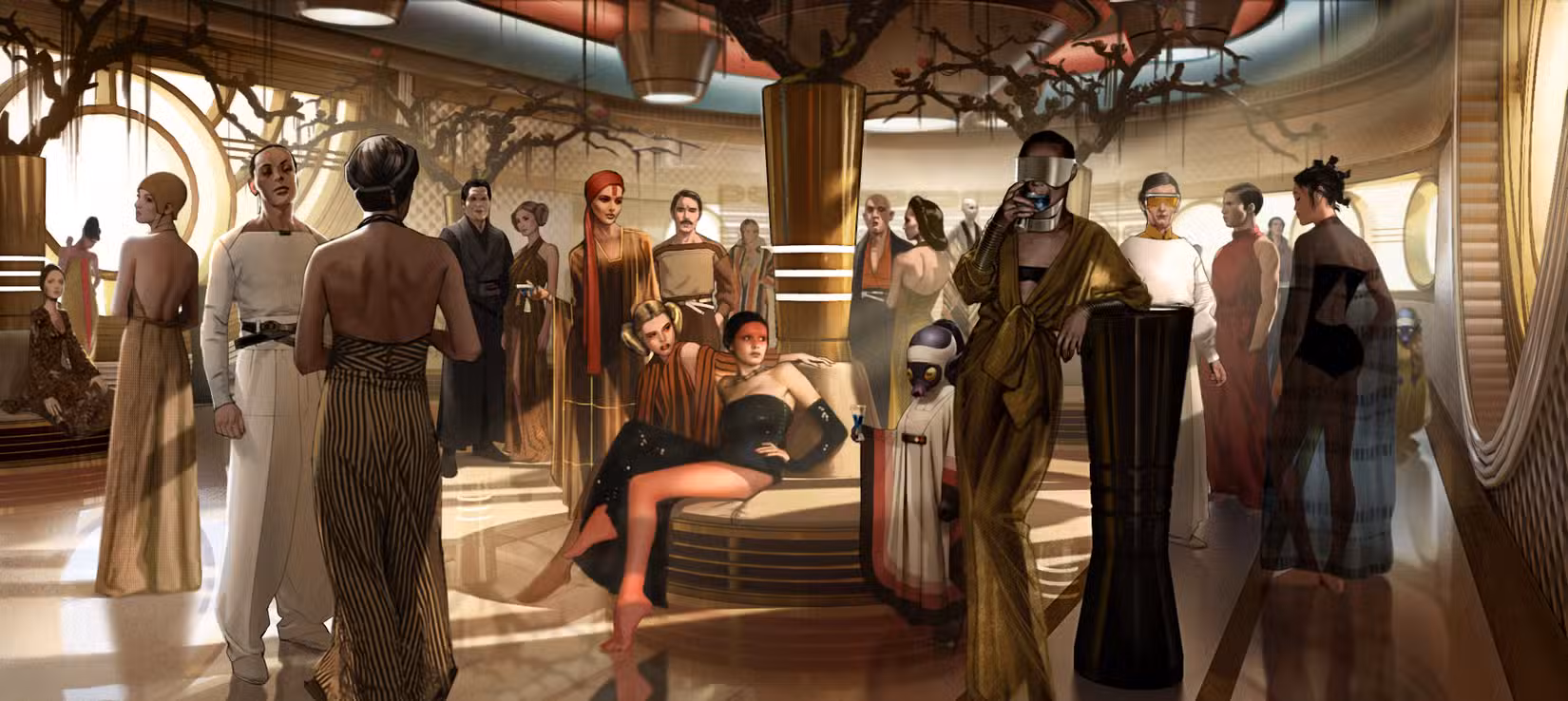 Arte conceitual do salão de festas de Dryden, cenário visto diversas vezes ao longo do filme.