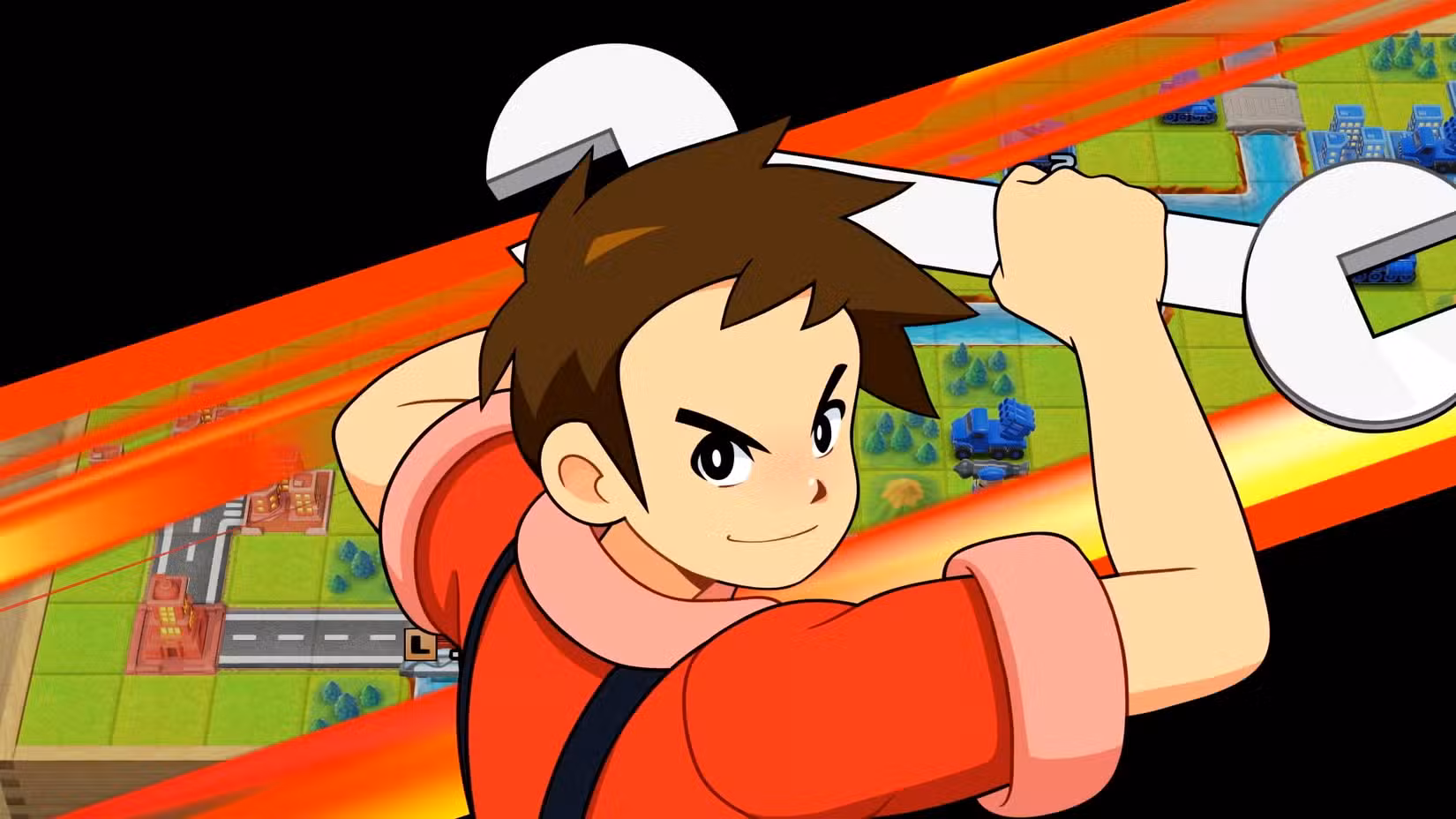 Andy do Advance Wars puxa uma chave inglesa gigante em uma captura de tela do Advance Wars 1+2: Re-Boot Camp