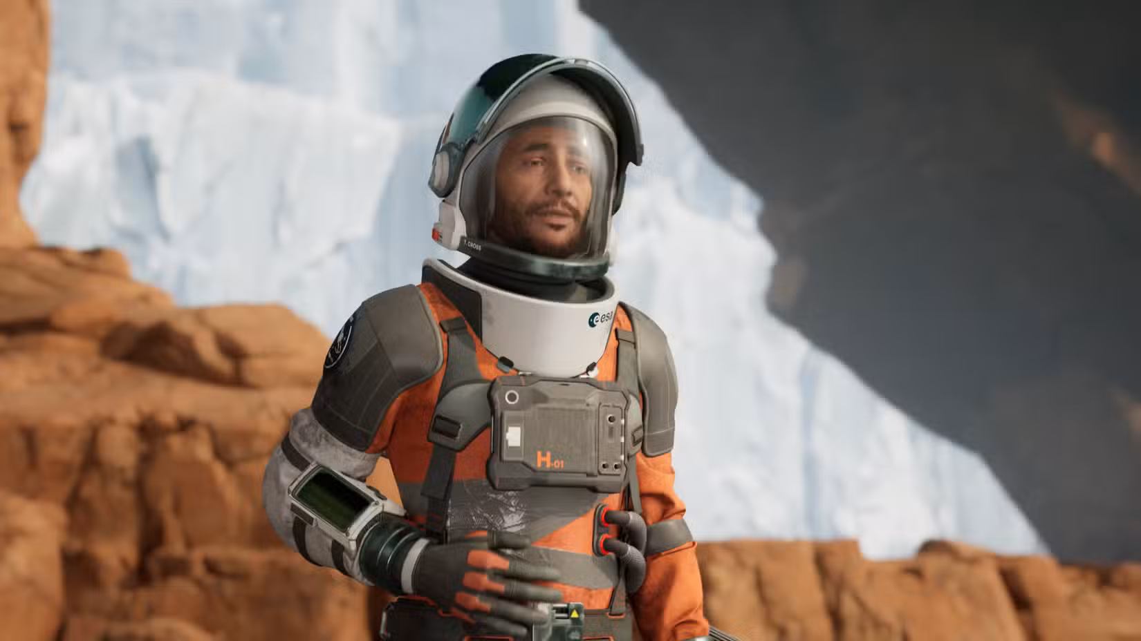 O astronauta da ESA Thomas segura seu ferimento em uma captura de tela do jogo de aventura espacial Aphelion